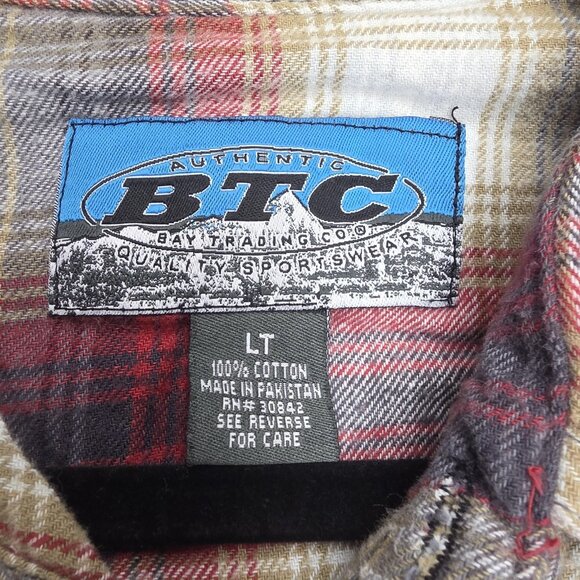 BTC Shirt Mens Large Tall Plaid Flannel Western Pearl Snap Red Gray Long Sleeve - Picture 5 of 8